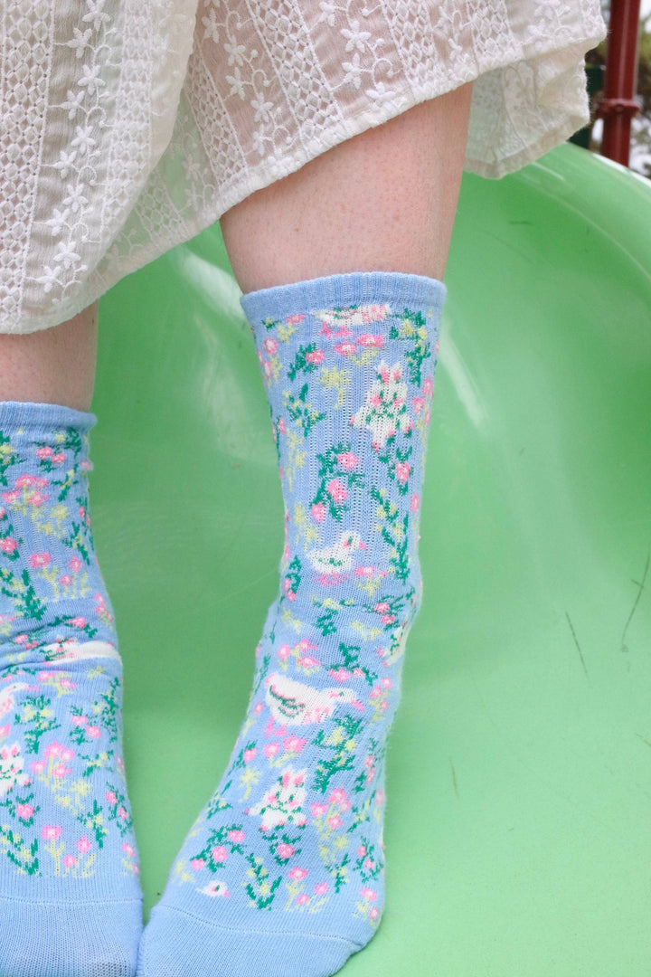 Blue Floral Meadow Bunny Duck Ribbed Print Crew Socks