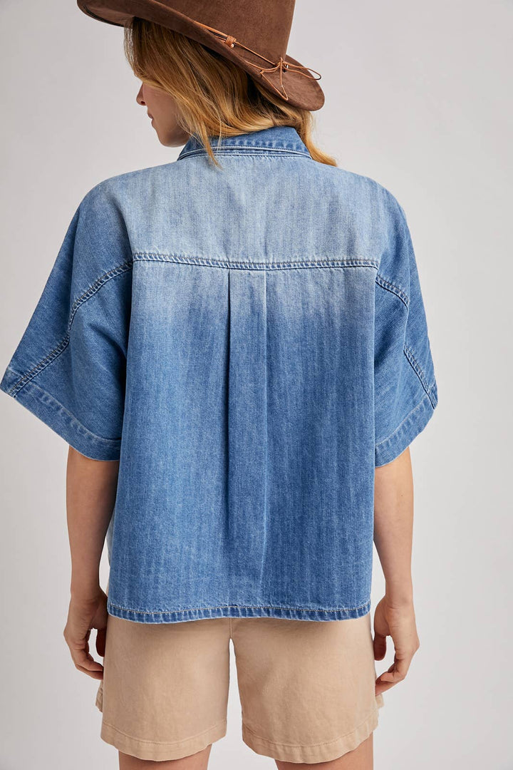 DENIM BUTTON DOWN SHORT SLEEVE BOXY SHIRT BV829