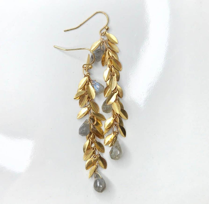Brass Lightweight Leaf Chain and Labradorite Dangle Earrings