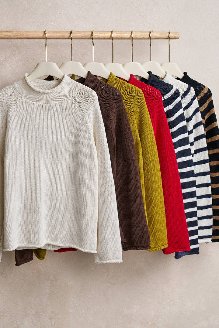 Striped Mock Neck Cotton Knit Sweater