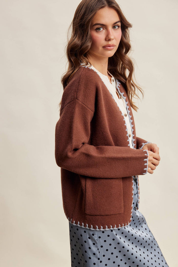 Contrast Whipstitch Knit Cardigan LSW1066