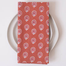 Load image into Gallery viewer, Peacock Dark Terracotta Block Printed Napkins - set of 4