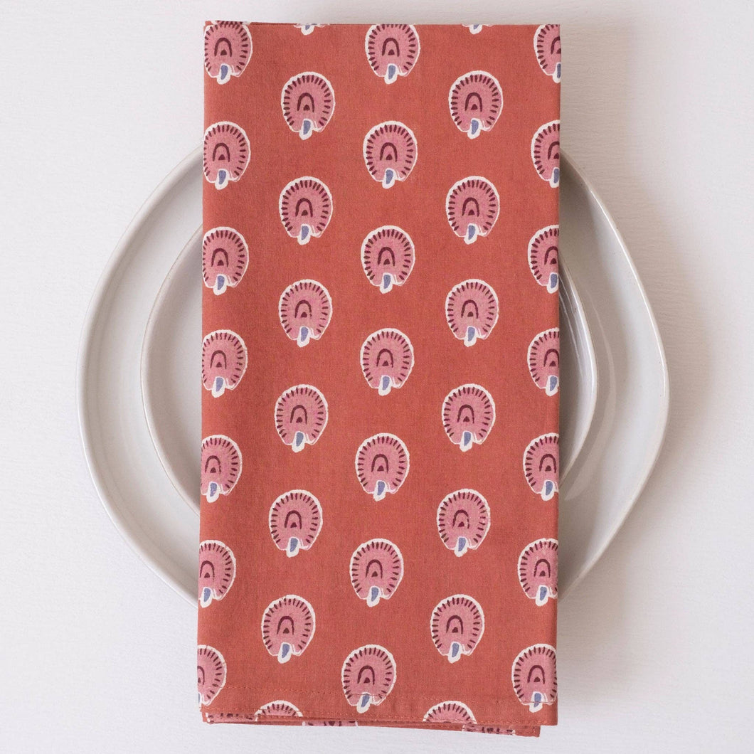 Peacock Dark Terracotta Block Printed Napkins - set of 4