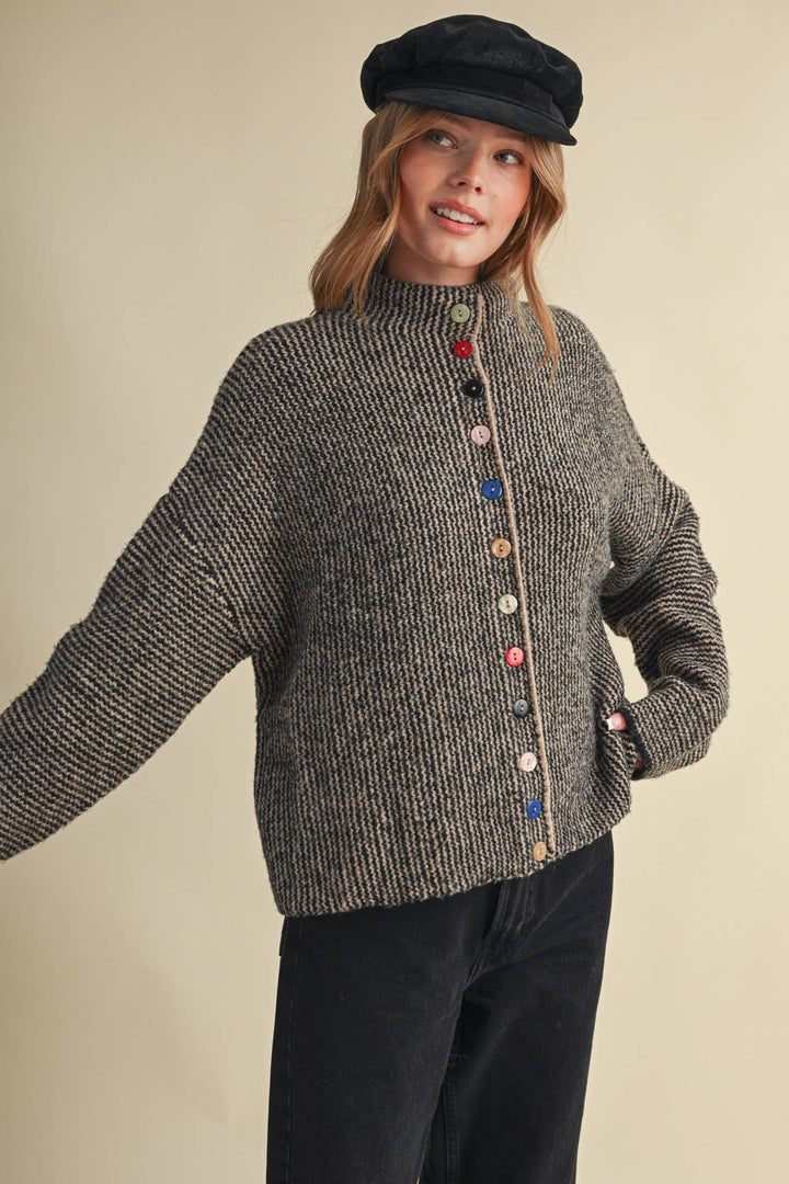 STRIPED SWEATER CARDIGAN WITH COLORFUL BUTTONS MS112