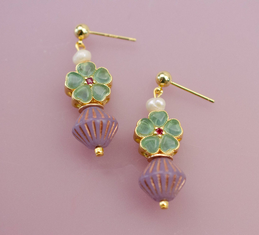 Beaded Green and Purple Dangle Earrings JM129