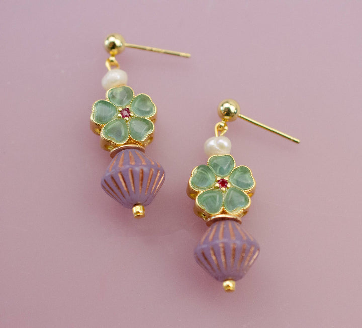 Beaded Green and Purple Dangle Earrings JM129