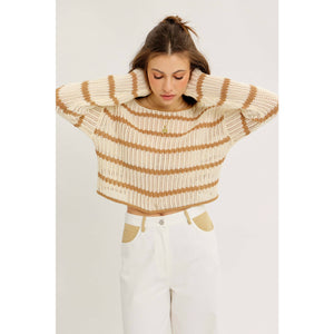 LAID BACK STAPLE STRIPE COTTON SWEATER WITH CONTRAST TRIM