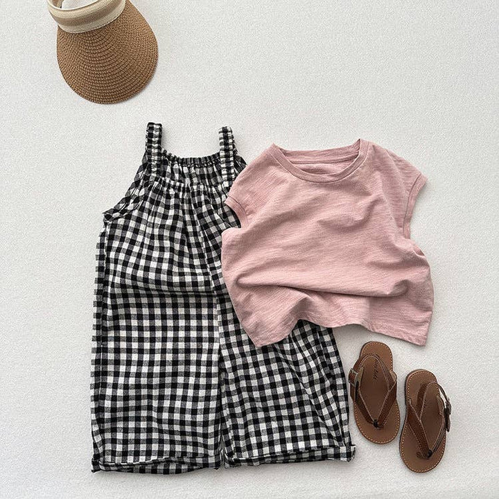 Arrival Summer Baby Kids Girls Black Plaid Cotton Overalls