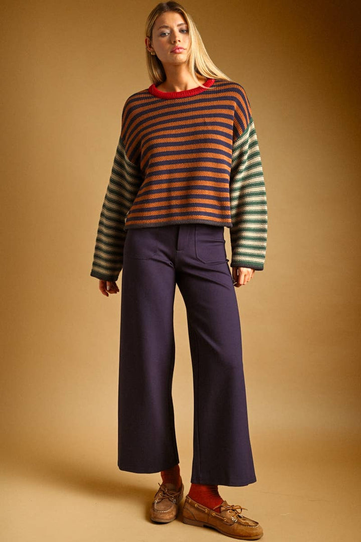 T7184   STRIPE WITH MULTI COLOR KNIT TOP