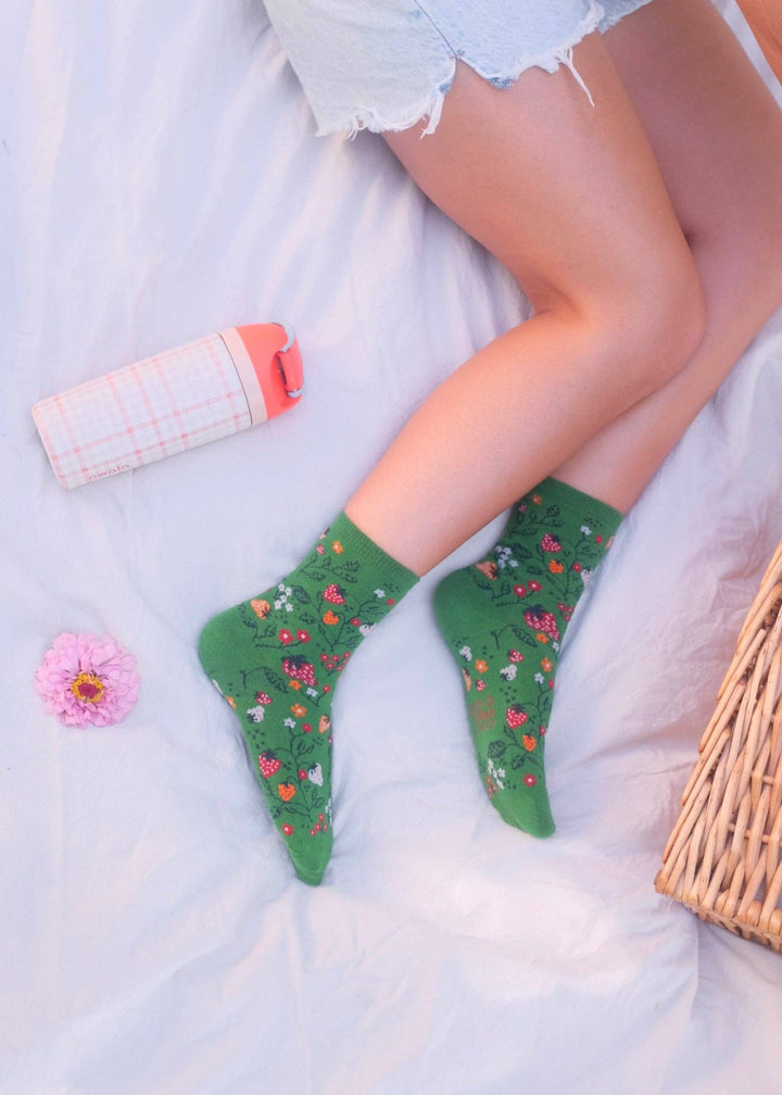 Green Strawberry Floral Whimsical Print Crew Socks