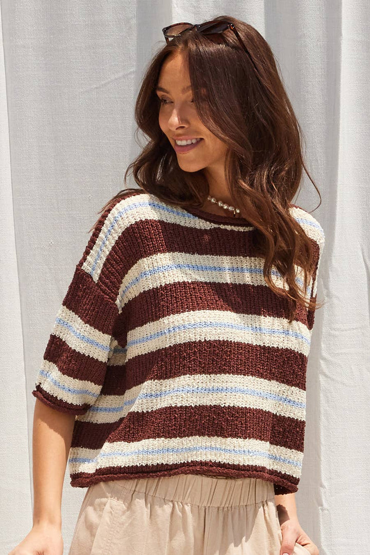 IM9277 - 3/4 Sleeve Striped Sweater
