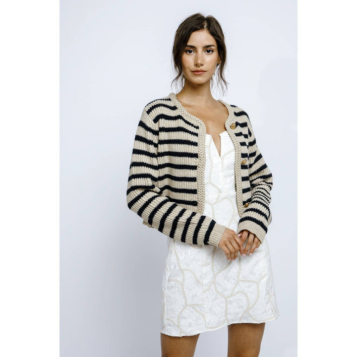 JT944- NAUTICAL STRIPED RIBBED THICK KNIT CARDIGAN