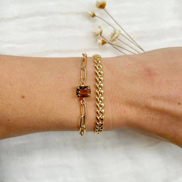 Bronze CZ Link &amp; Dainty Leaf Bracelets KT27