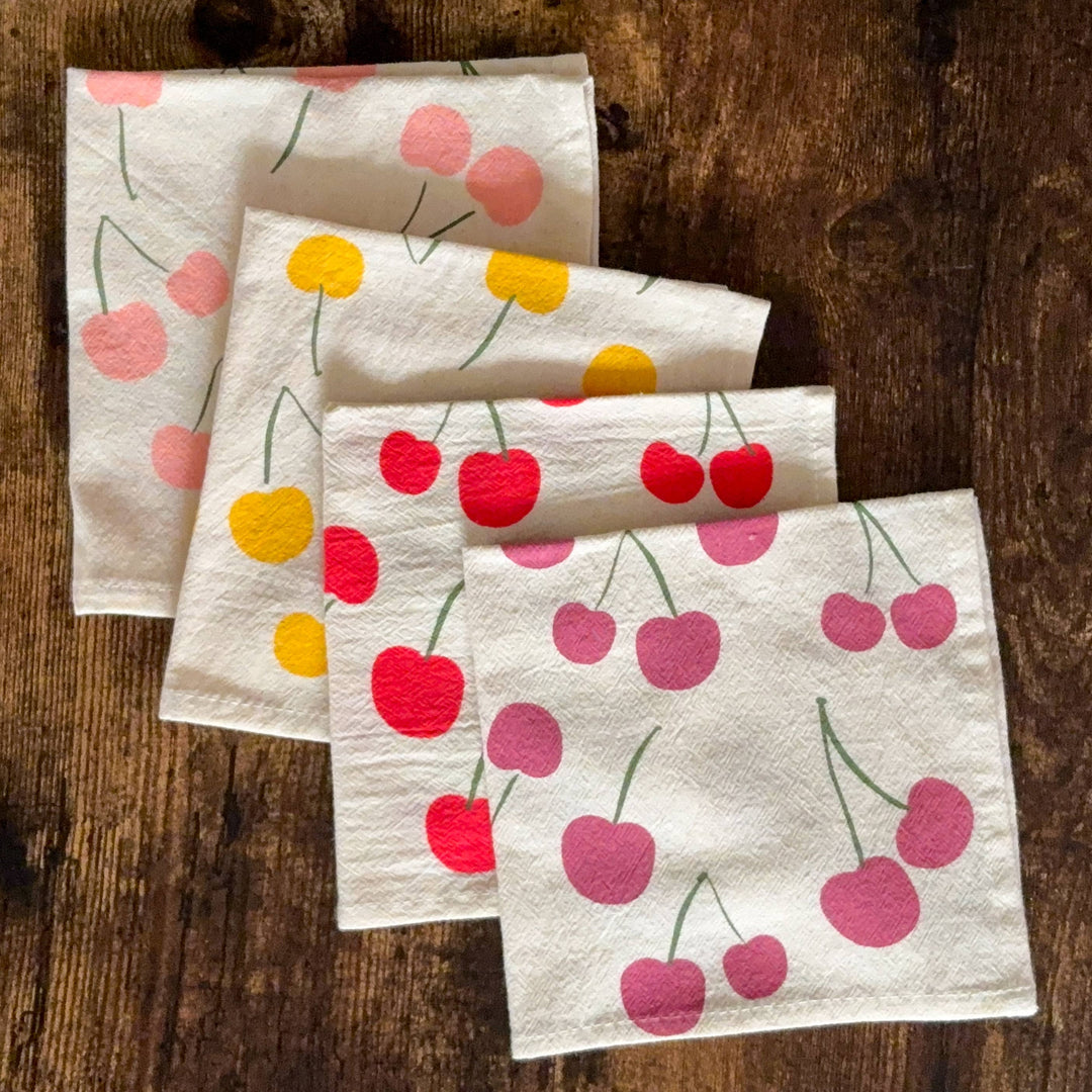 Colorful Cherries - Hand Printed Flour Sack Cotton Napkins BB22