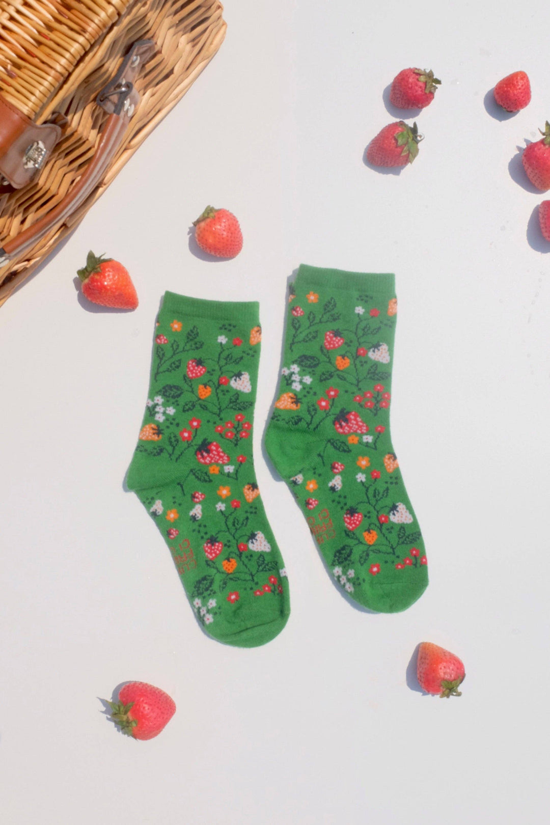 Green Strawberry Floral Whimsical Print Crew Socks