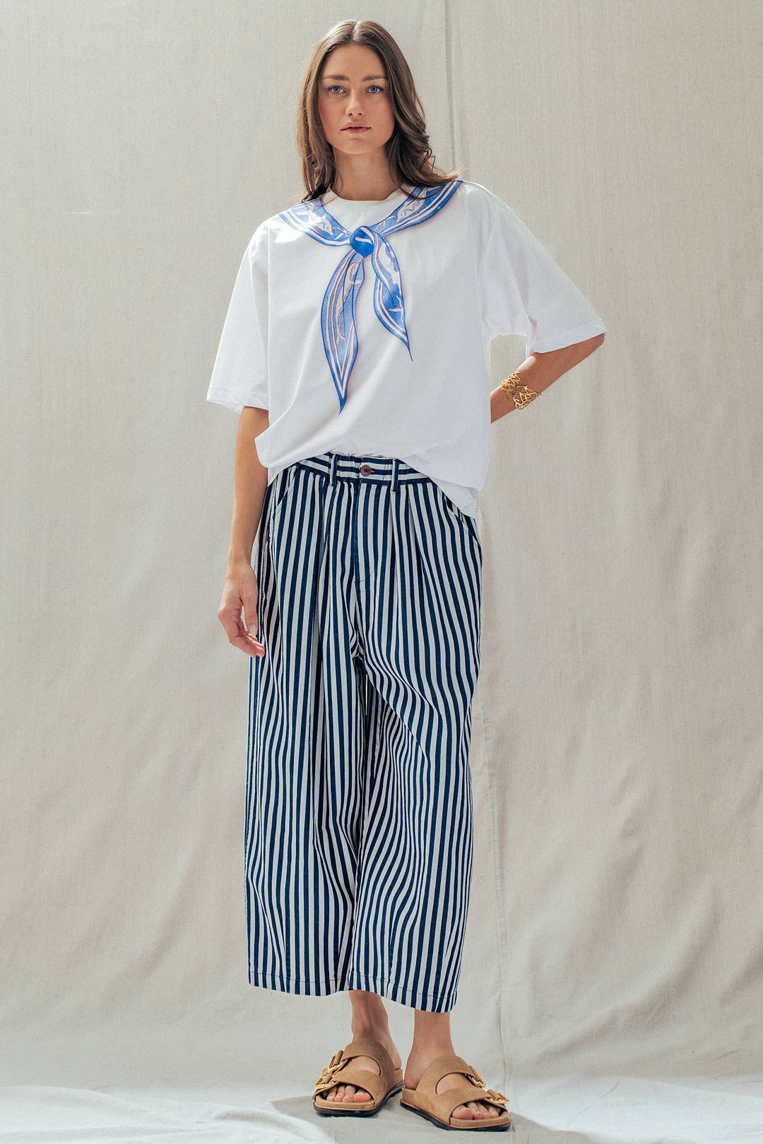 Striped Pleated Wide Leg Culotte Pants UD35