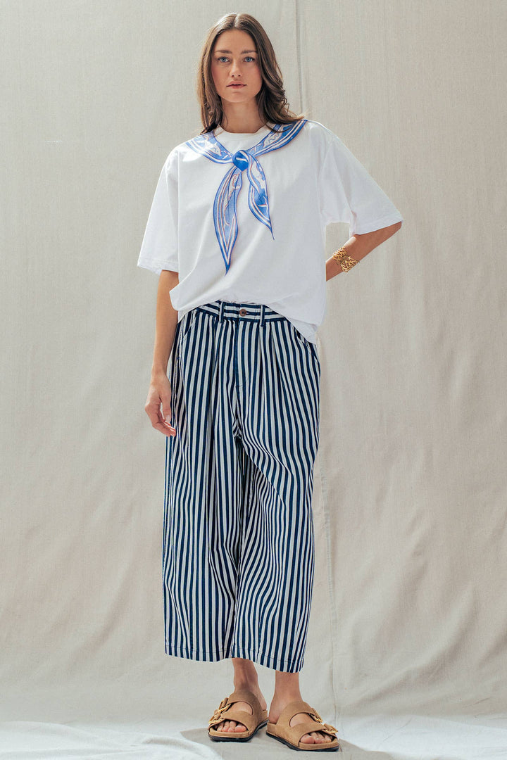 Striped Pleated Wide Leg Culotte Pants UD35