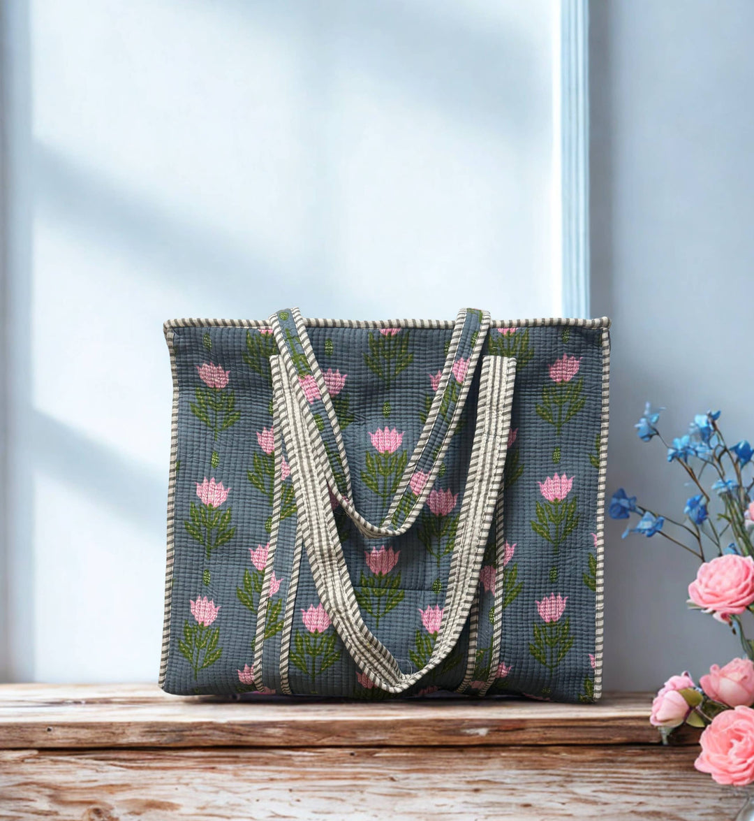Block Print Quilted Bag ~ Pink Lotus DVS26