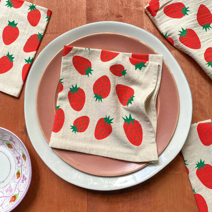 Hand Printed Natural Cotton Cloth Napkins, Red Strawberries BB22