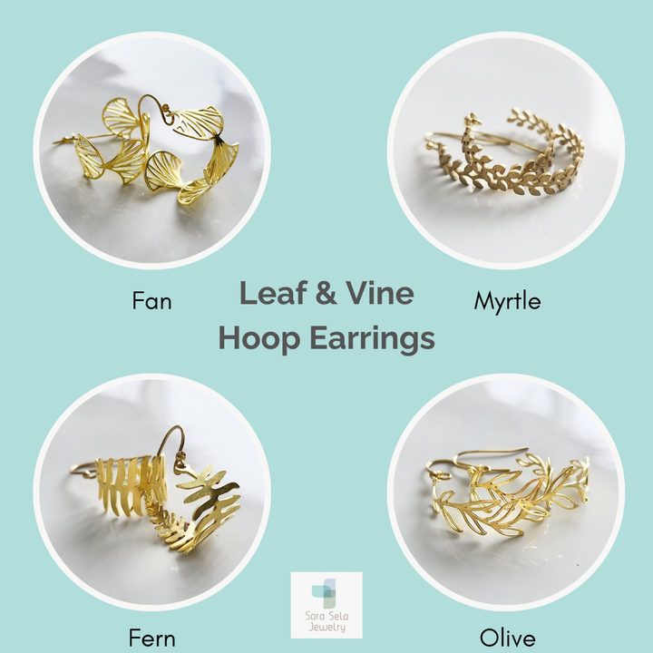 Brass Fern, Olive &amp; Myrtle Leaf, Wheat Hoop Dangle Earrings