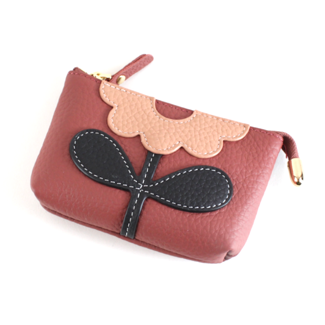 Flower Applique Leather Coin Purse w/Keychain