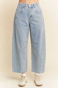 PATCH POCKET WIDE LEG CULOTTE DENIM BARREL PANTS