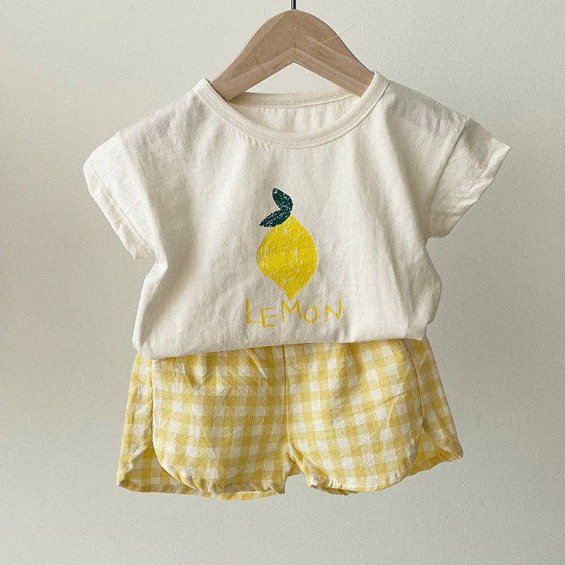 Summer Baby Kids Fruits Pattern Short Sleeves T-shirt and Plaid Shorts Clothing Set TR2504