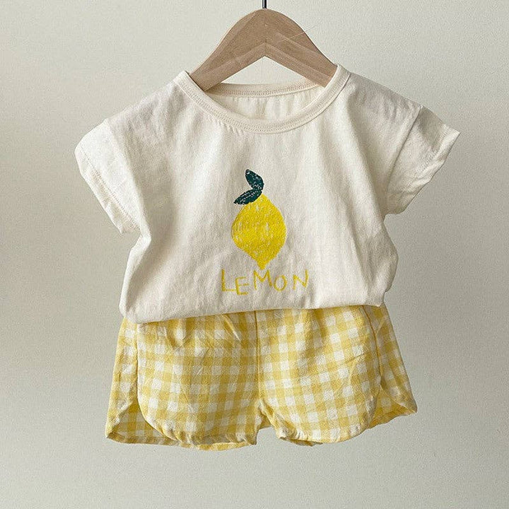 Summer Baby Kids Fruits Pattern Short Sleeves T-shirt and Plaid Shorts Clothing Set TR2504