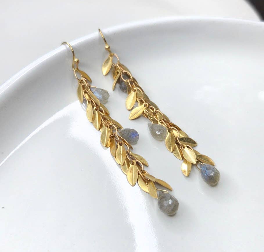 Brass Lightweight Leaf Chain and Labradorite Dangle Earrings