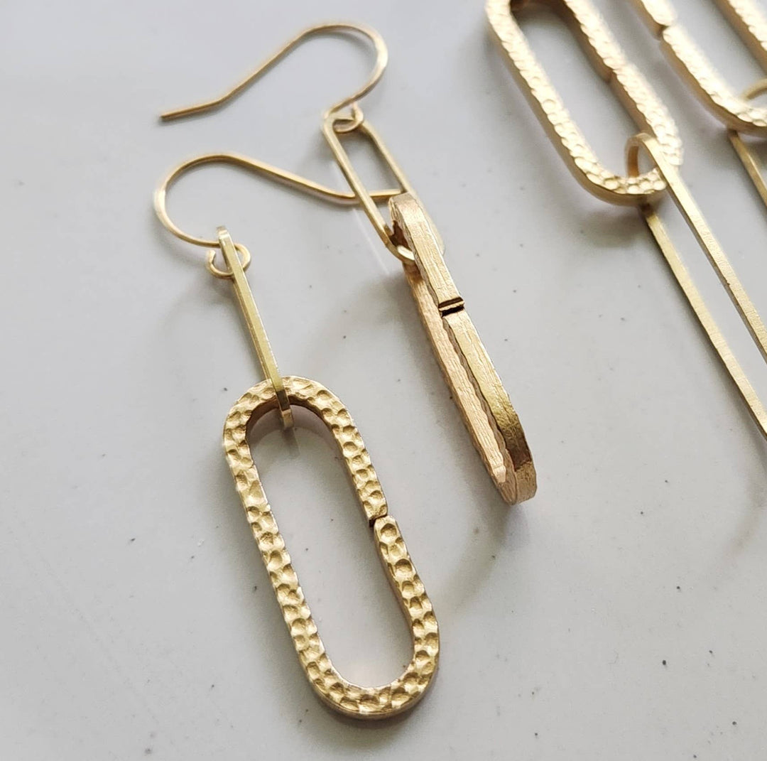 Textured Brass Paperclip Link Statement Dangle Earrings
