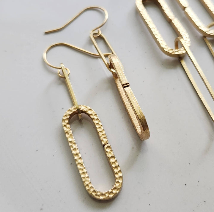 Textured Brass Paperclip Link Statement Dangle Earrings
