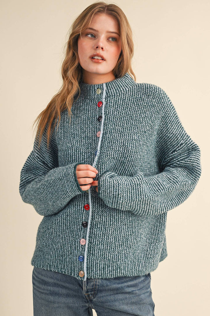 STRIPED SWEATER CARDIGAN WITH COLORFUL BUTTONS MS112