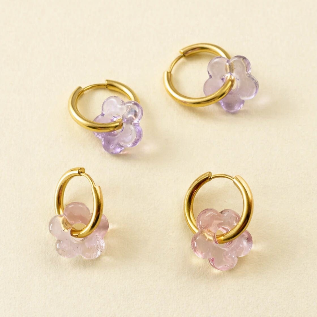 Huggie Earrings - Glass Flowers - Francis - Assorted Colors