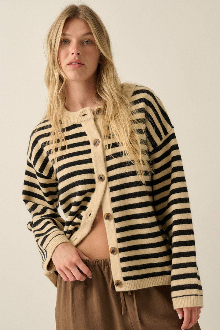 Striped Knit Crewneck Button-Front Relaxed-Fit Cardigan
