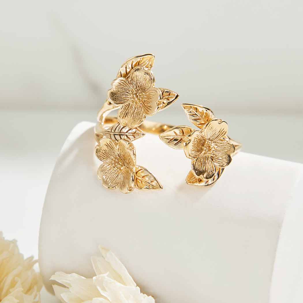 Adjustable Dogwood Flower and Leaf Ring NN06