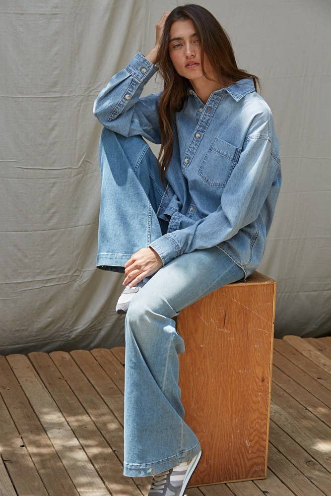 L9120 | Woven Cotton Chambray Denim Button-Down Shirt