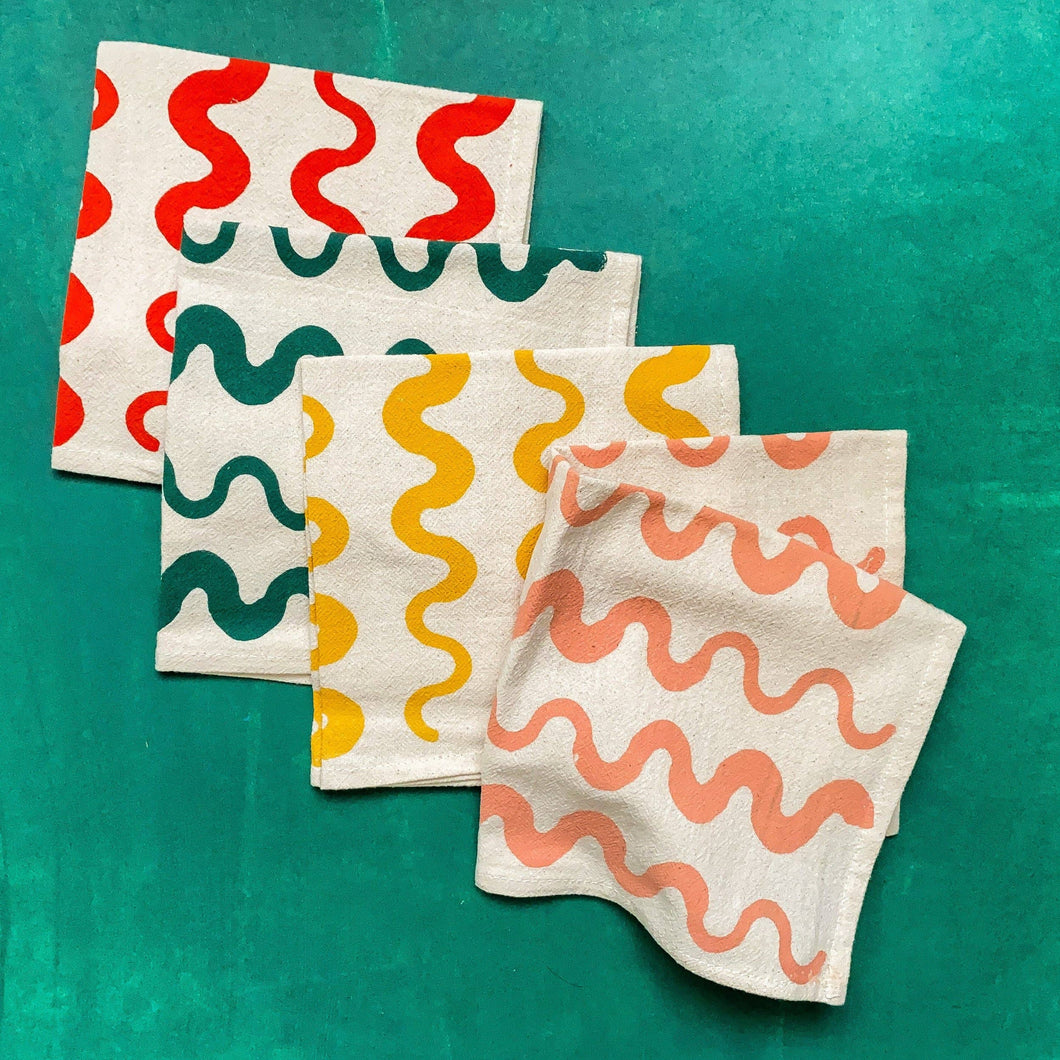 Hand Printed Natural Cotton Cloth Napkins, Wavy Stripes BB22