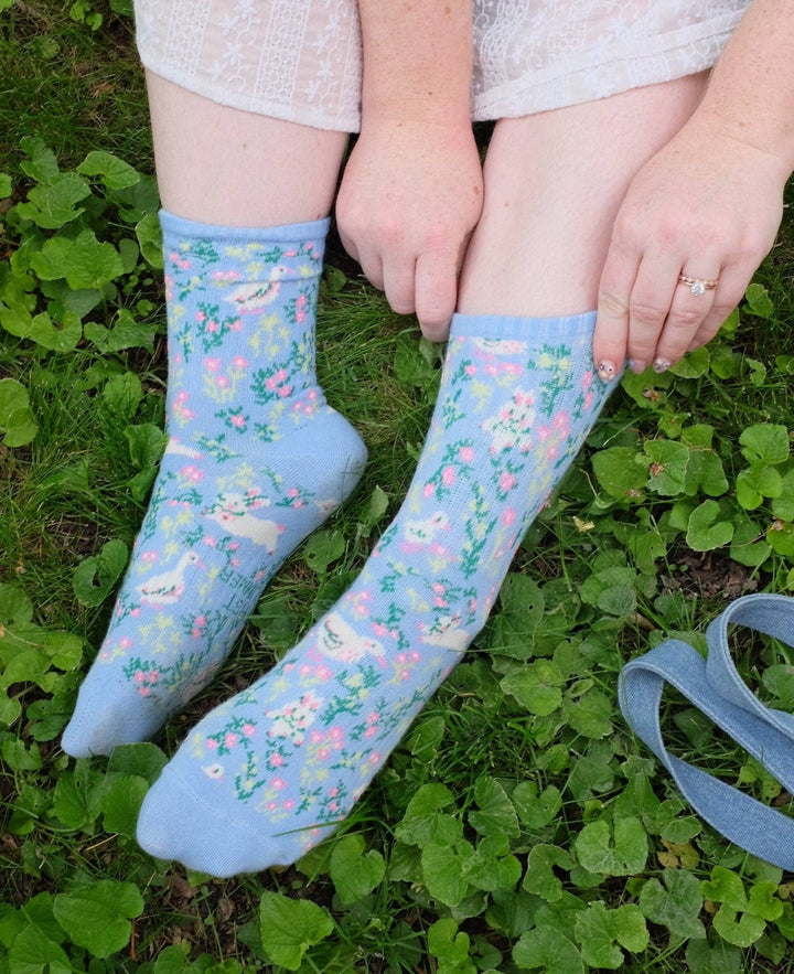 Blue Floral Meadow Bunny Duck Ribbed Print Crew Socks