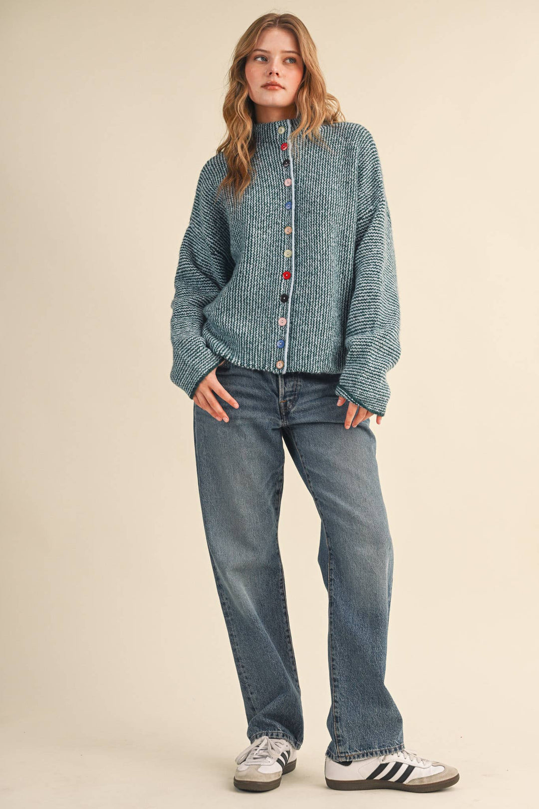 STRIPED SWEATER CARDIGAN WITH COLORFUL BUTTONS MS112