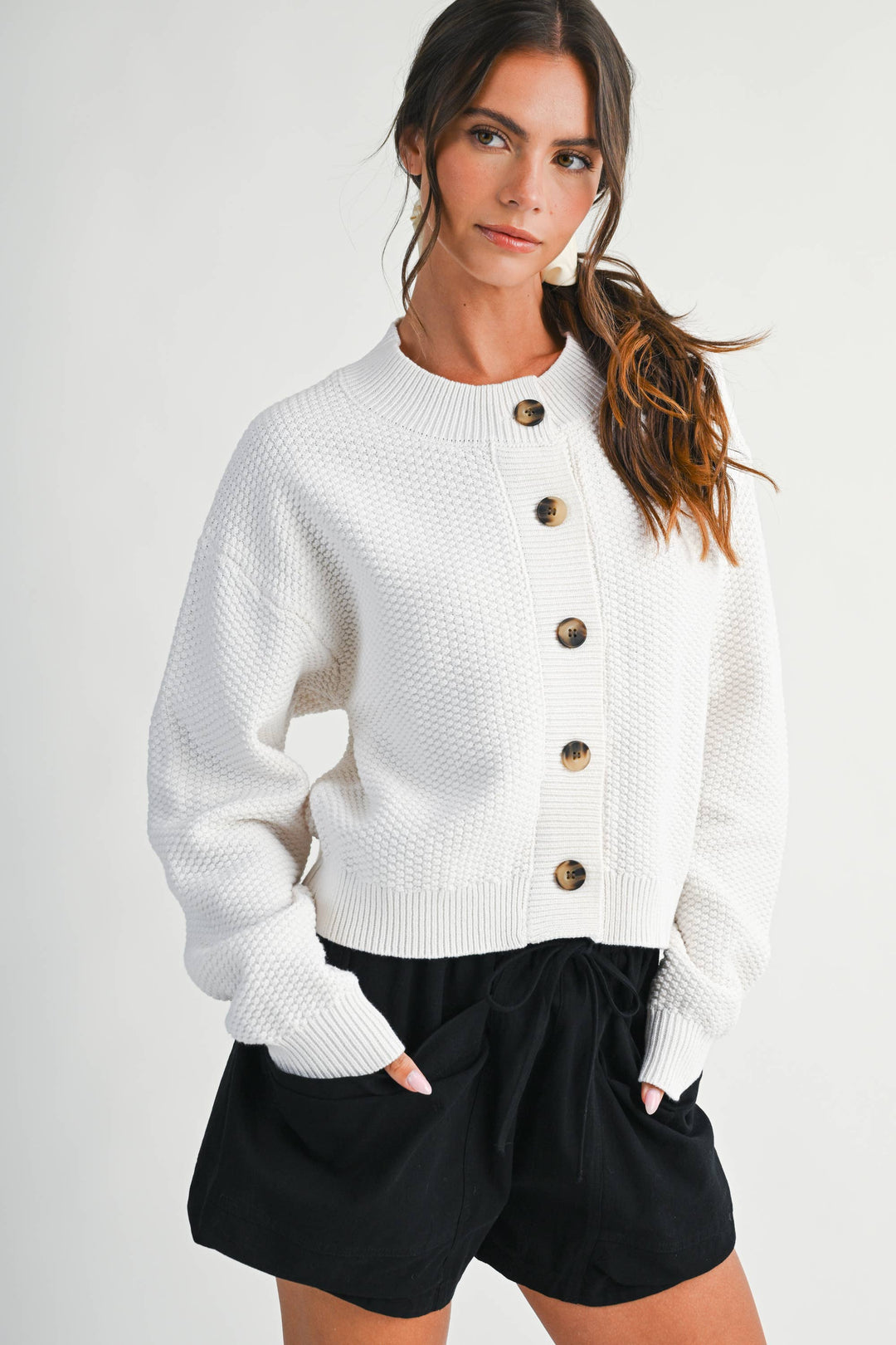 336K Textured Button Front Cardigan Sweater