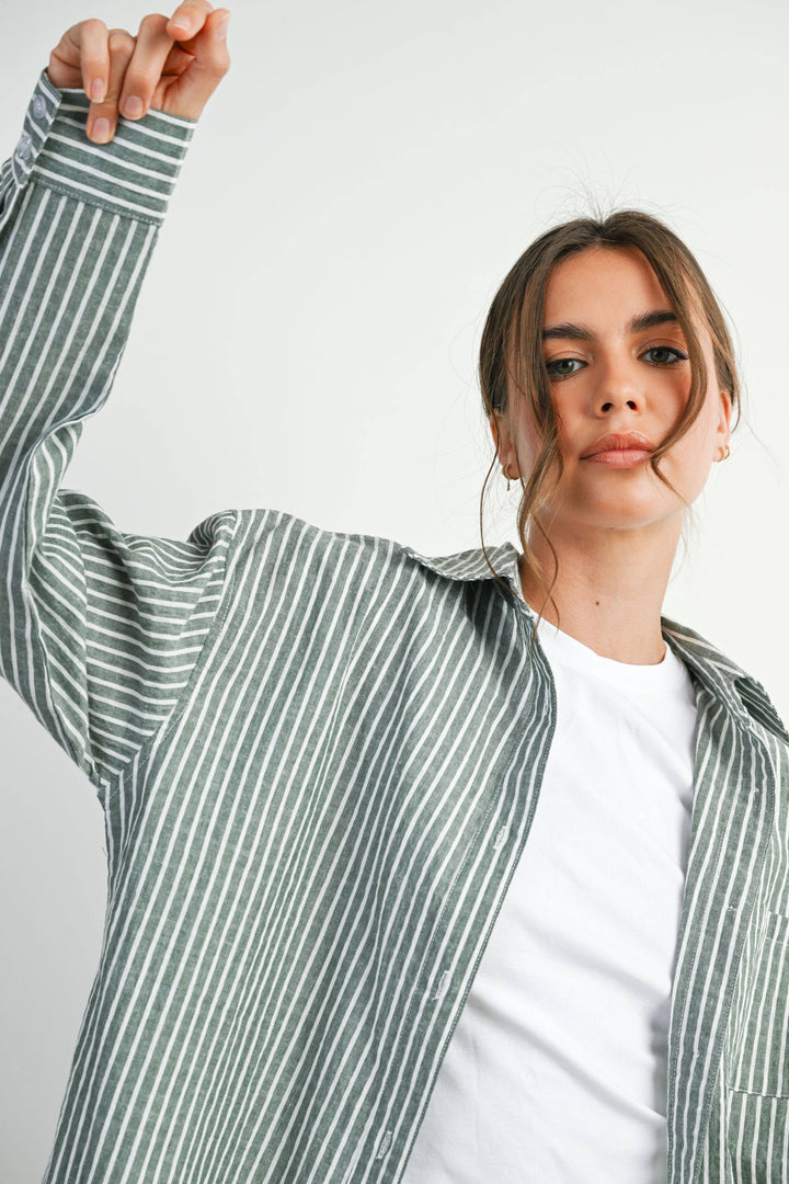 Cropped Striped Button-Up Collared Long Sleeve Top - BMT7915