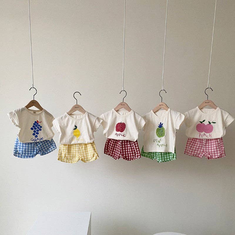 Summer Baby Kids Fruits Pattern Short Sleeves T-shirt and Plaid Shorts Clothing Set TR2504