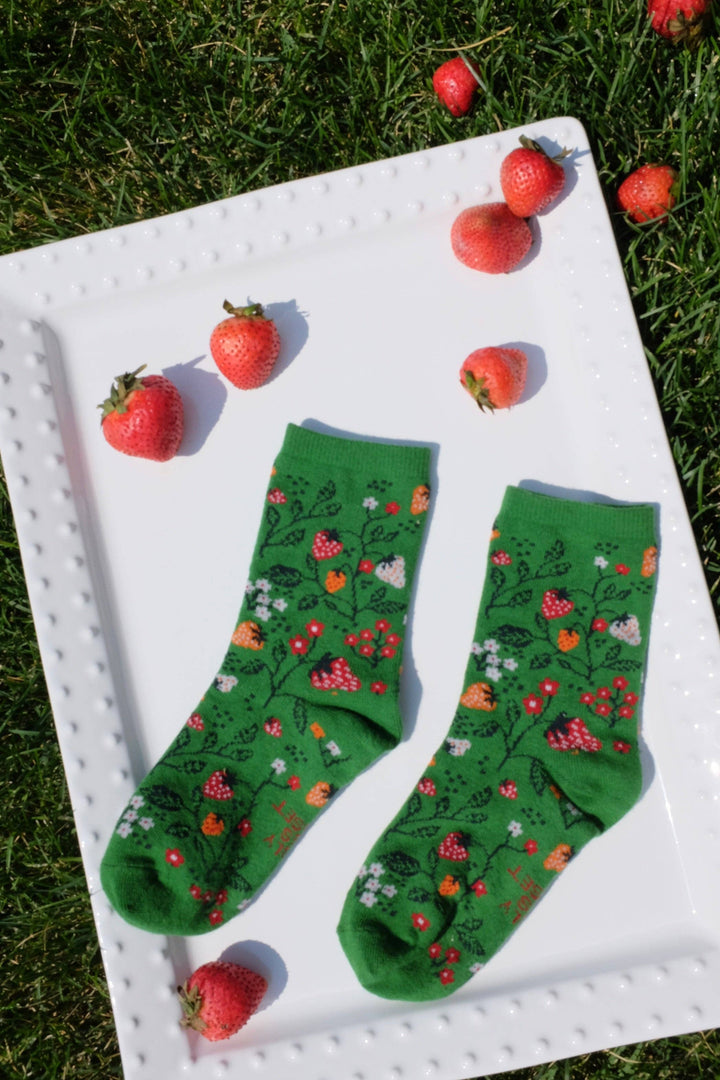 Green Strawberry Floral Whimsical Print Crew Socks