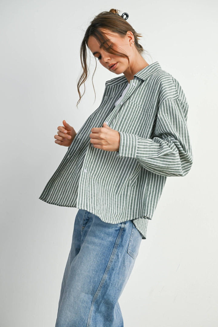 Cropped Striped Button-Up Collared Long Sleeve Top - BMT7915