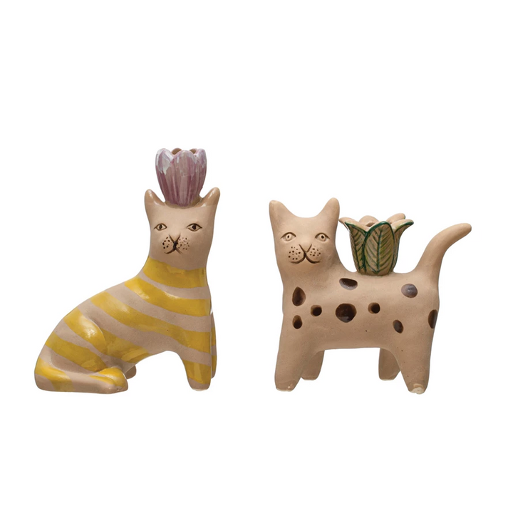 Hand-Painted Stoneware Cat Taper Holder
