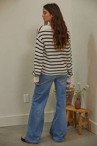 W1160 | Knit Sweater Cotton Stripe V-Neck Cardigan