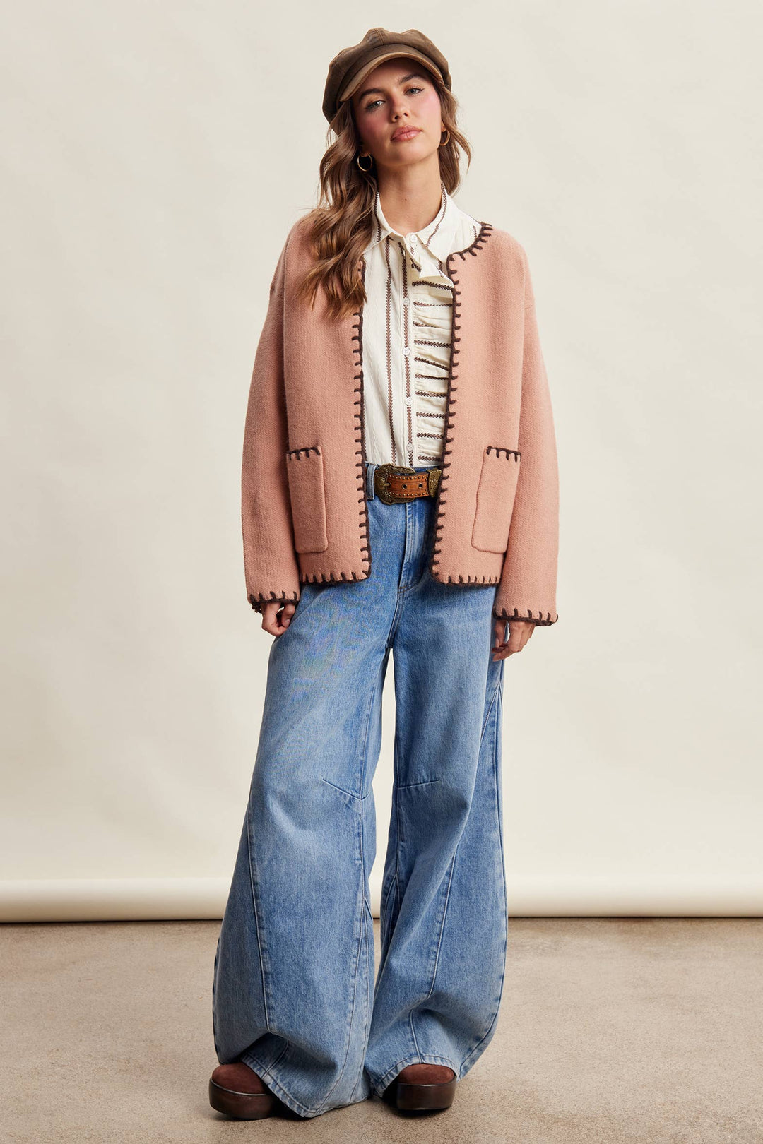Contrast Whipstitch Knit Cardigan LSW1066