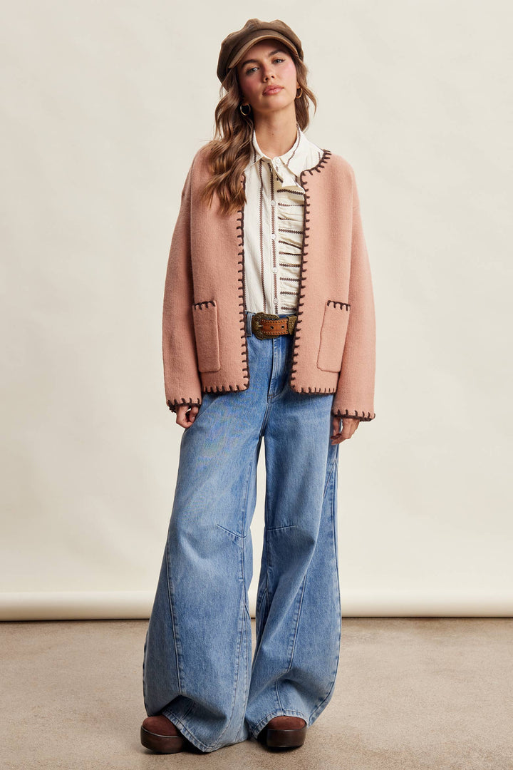 Contrast Whipstitch Knit Cardigan LSW1066