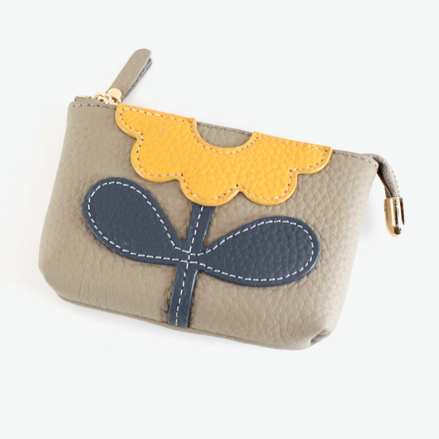 Flower Applique Leather Coin Purse w/Keychain