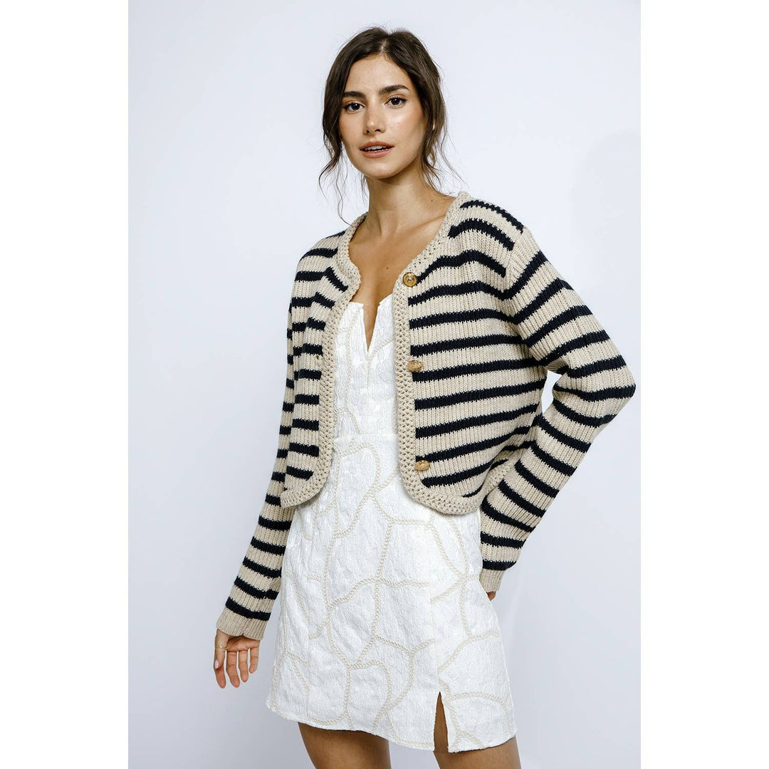 JT944- NAUTICAL STRIPED RIBBED THICK KNIT CARDIGAN